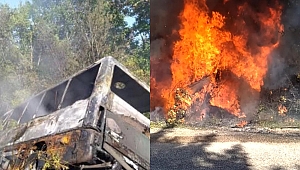 Safranbolu'da minibüs alev alev yandı, faciadan dönüldü