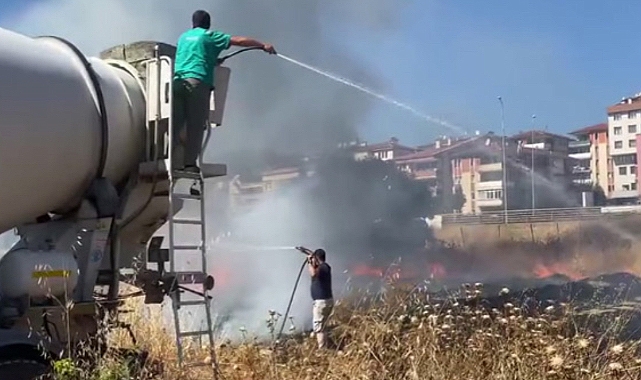 Karabük'te yanan otlara beton mikseriyle müdahale